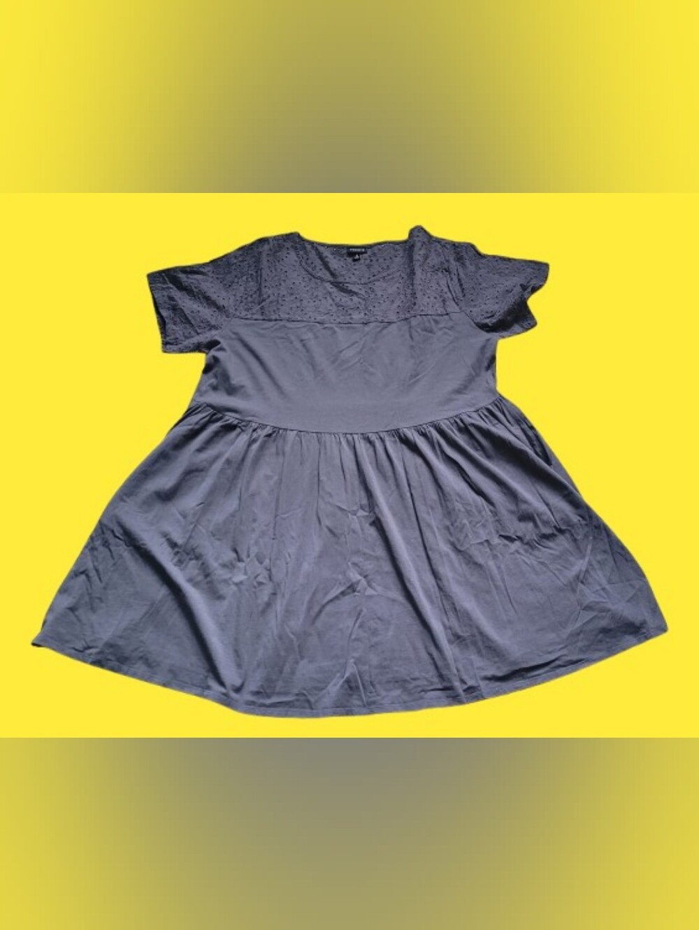 Torrid Babydoll Mini Dress, Gray Cotton, Pockets, Size 1x, Eyelet Lace Accents